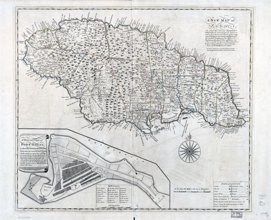 Large scale old map of Jamaica with administrative divisions and other marks - 177x