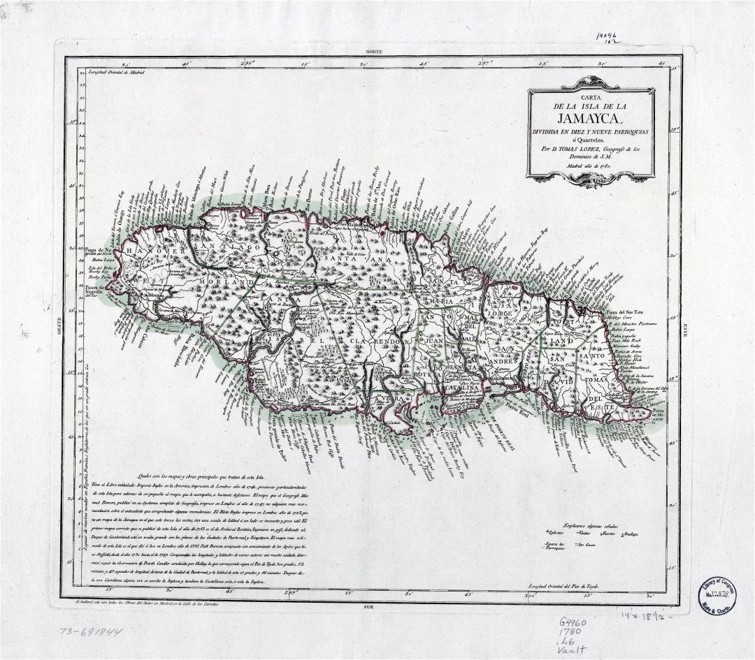 Large scale old map of Jamaica with relief and other marks - 1780