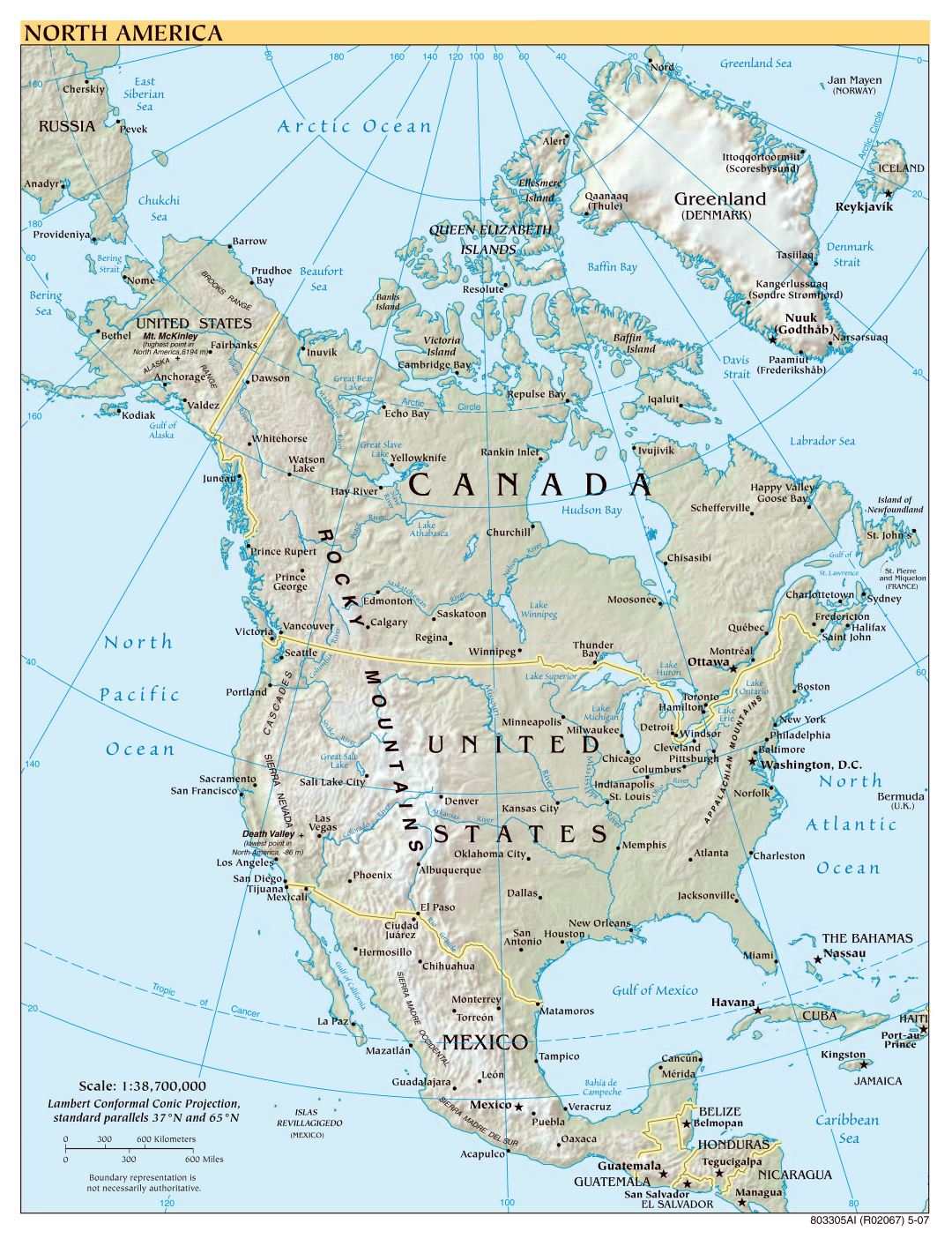 Large scale political map of North America with relief - 2007
