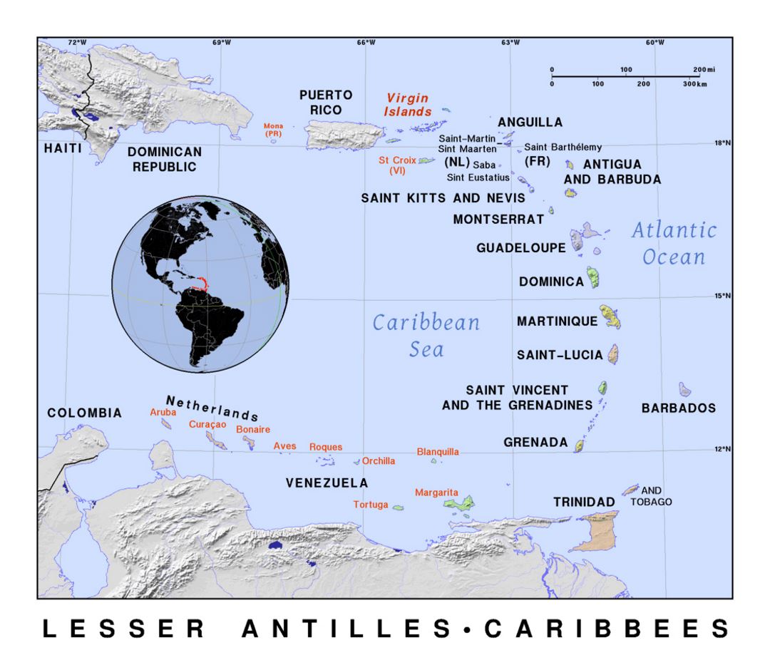Detailed political map of Lesser Antilles with relief