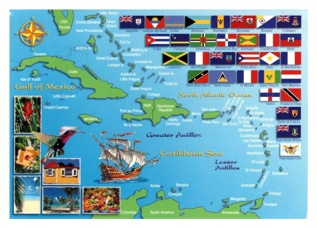 Large map of the countries and territories in Caribbean with flags