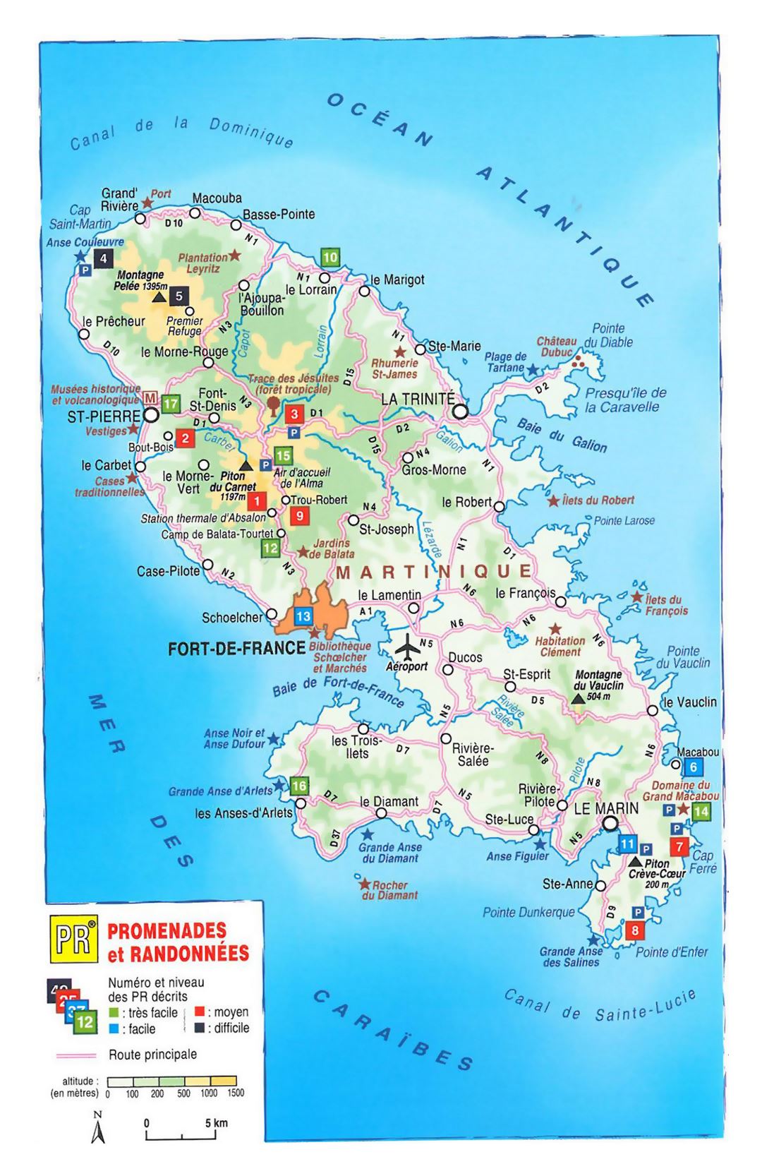 Detailed elevation map of Martinique with other marks