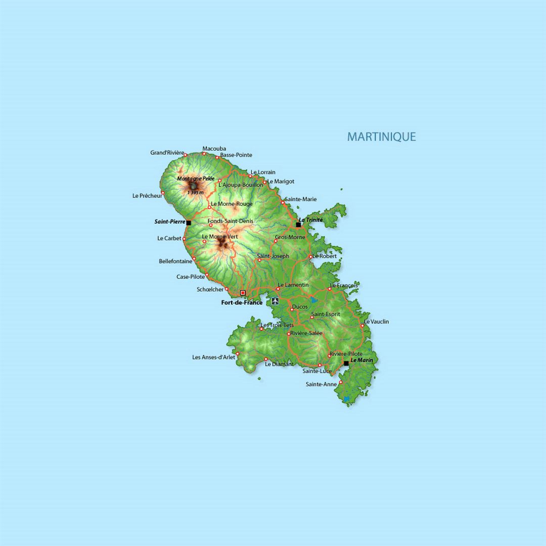 Elevation map of Martinique with roads, cities and airports