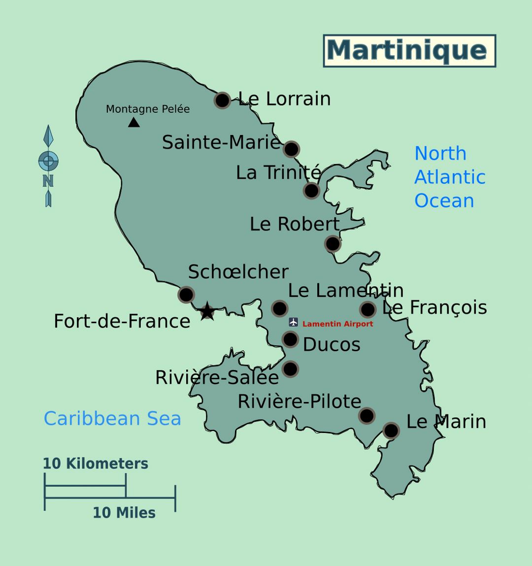 Large map of Martinique with cities and airport