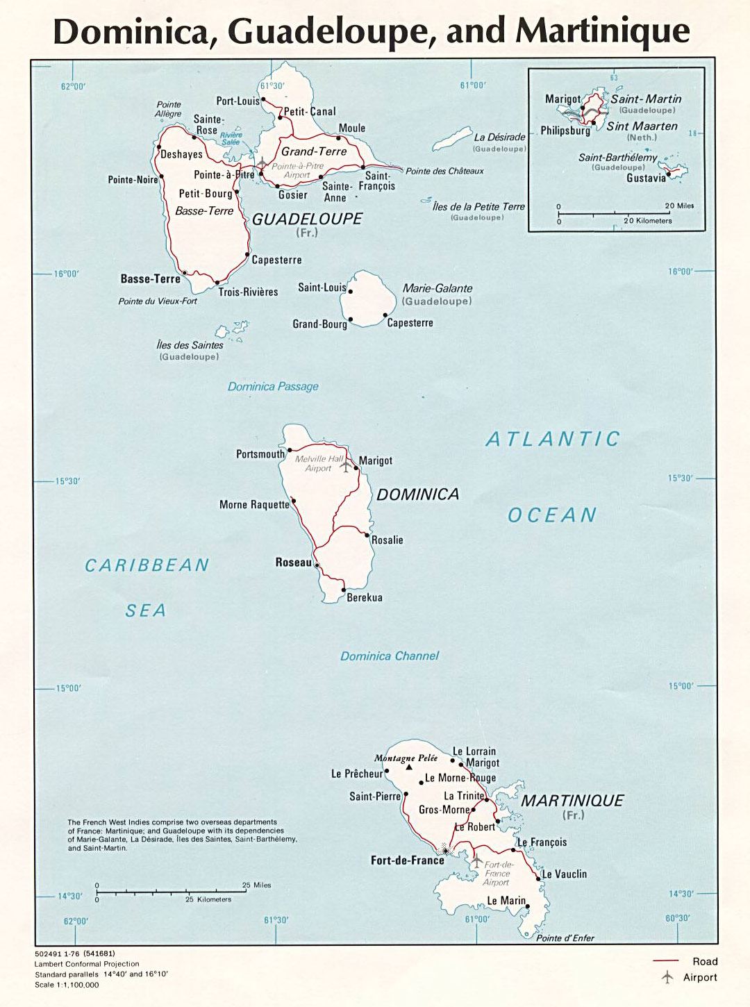 Large political map of Dominica, Guadeloupe and Martinique with other marks - 1976
