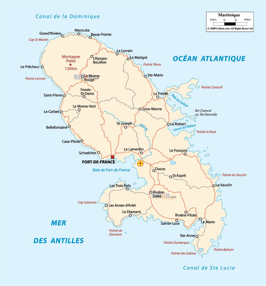 Large road map of Martinique with cities and airport