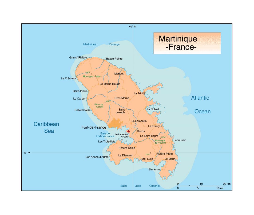 Political map of Martinique with cities, roads and airports