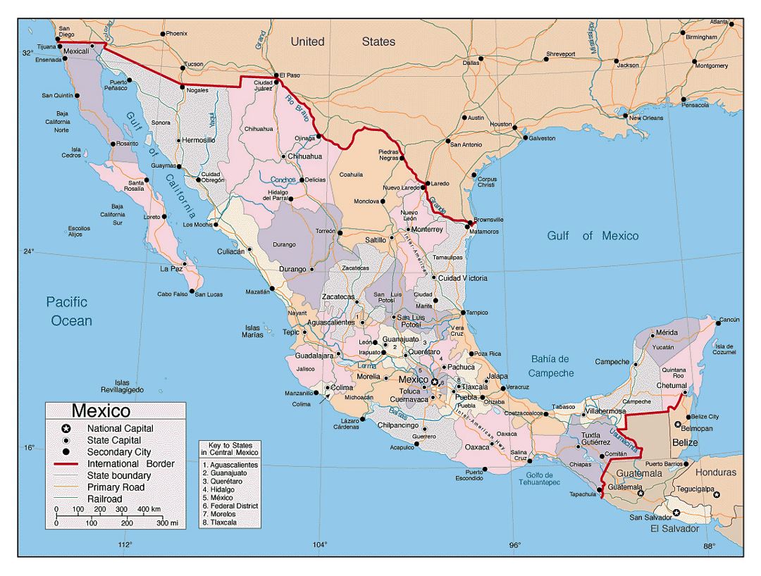 Detailed political and administrative map of Mexico with other marks