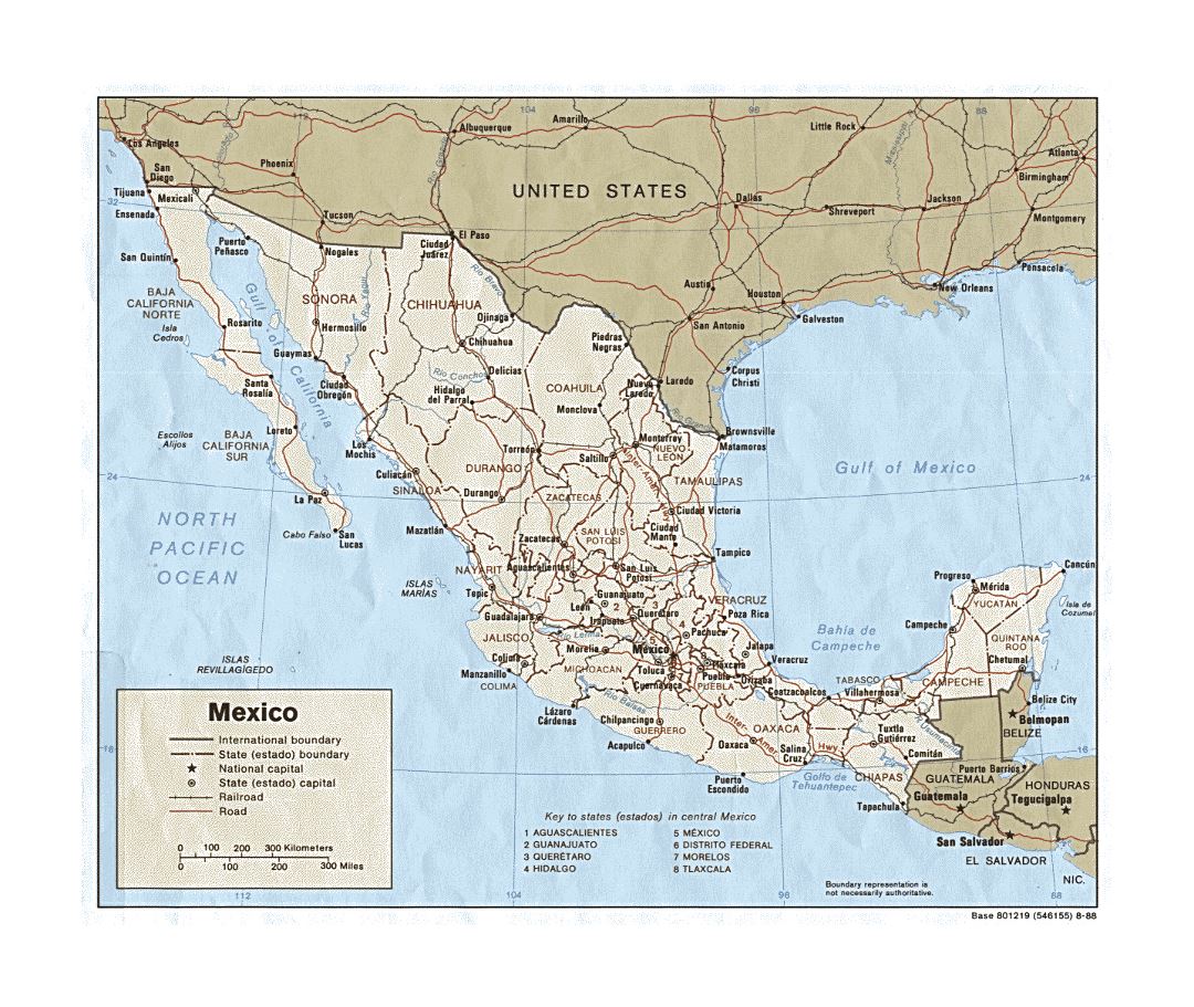 Detailed political and administrative map of Mexico with roads, railroads and major cities - 1988