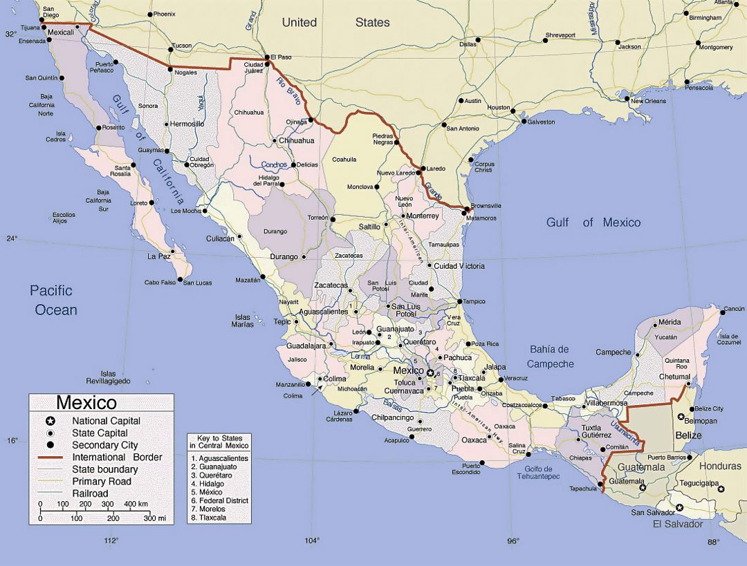 Detailed political and administrative map of Mexico with roads, railroads, major cities and other marks