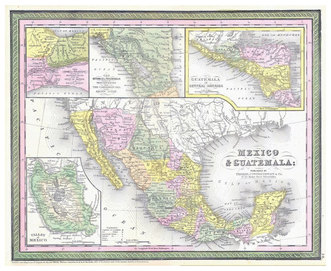 Large detailed old political and administrative map of Mexico and Guatemala with relief and other marks - 1850