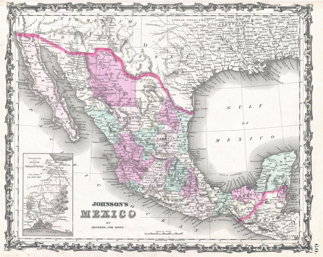 Large detailed old political and administrative map of Mexico with relief, cities and other marks - 1862