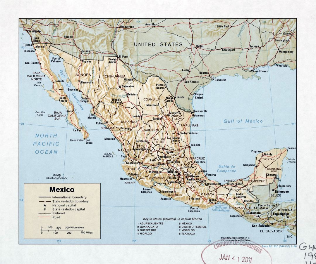 Large detailed political and administrative map of Mexico with relief, roads, railroads and major cities - 1988