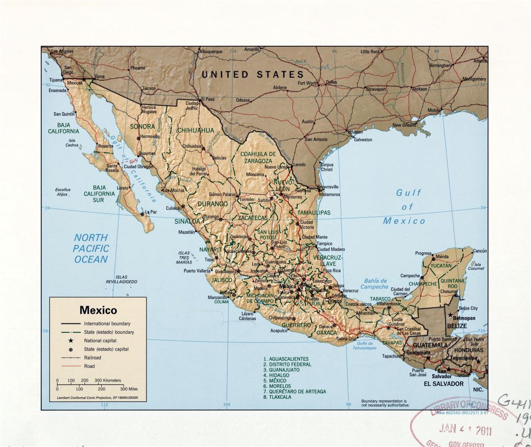 Large detailed political and administrative map of Mexico with relief, roads, railroads and major cities - 1997