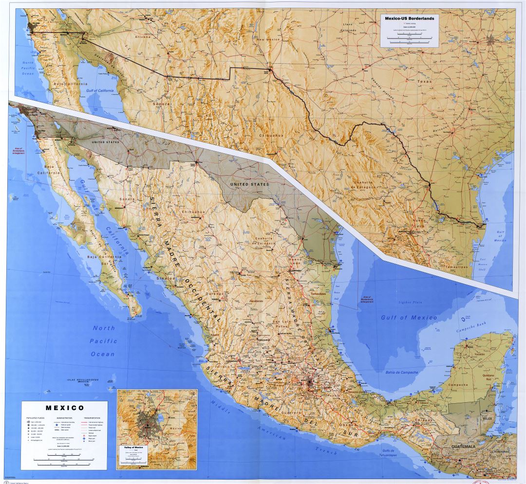 Large detailed political and administrative map of Mexico with relief, roads, railroads, cities, ports and airports - 1993
