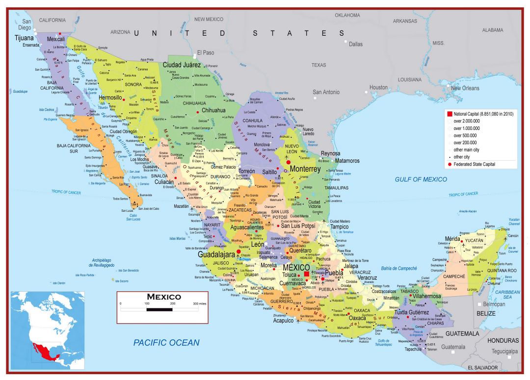 Large detailed political and administrative map of Mexico with roads, cities and airports