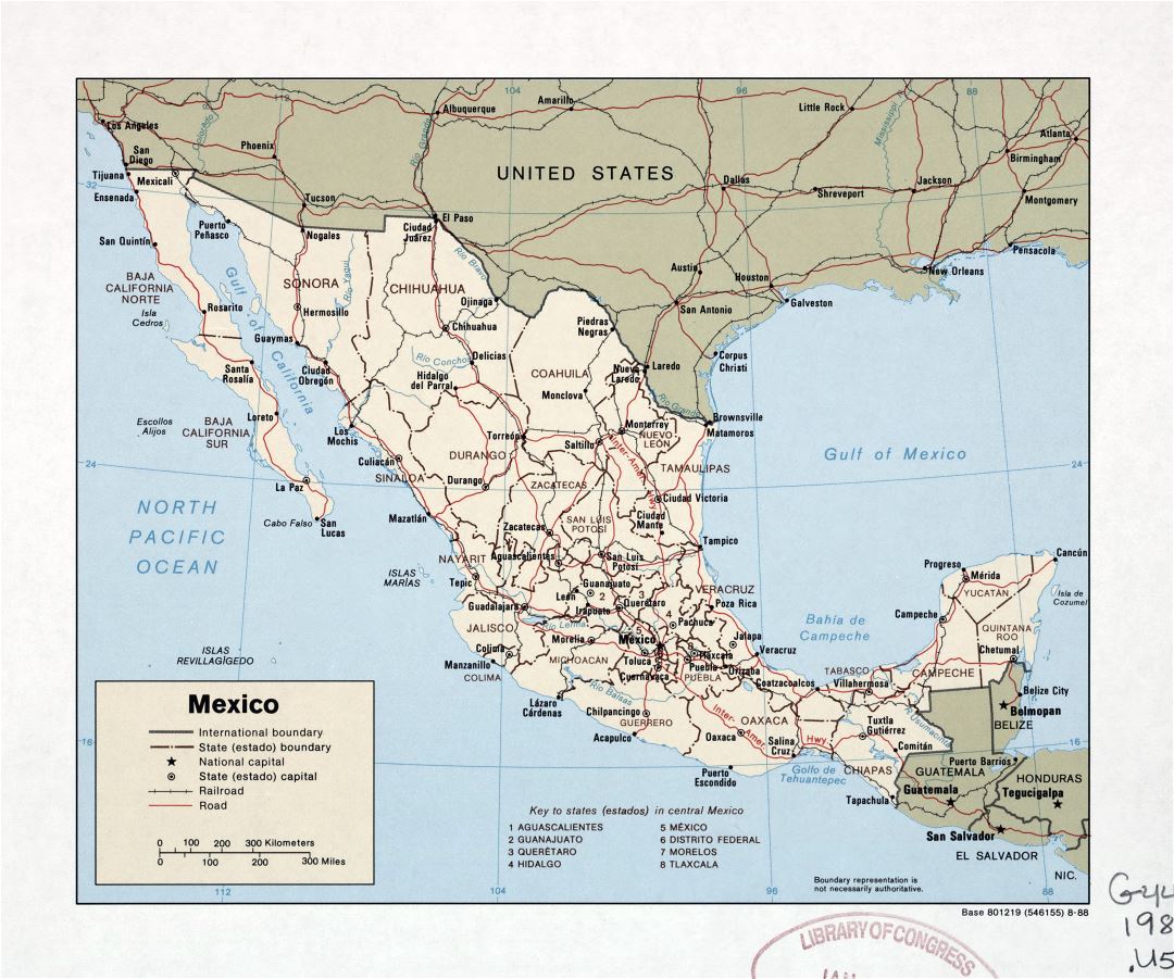 Large detailed political and administrative map of Mexico with roads, railroads and major cities - 1988