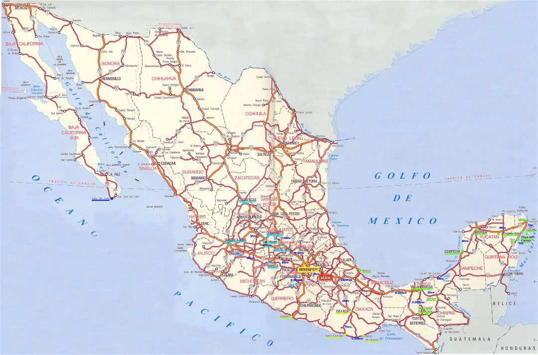 Large detailed roads and highways map of Mexico
