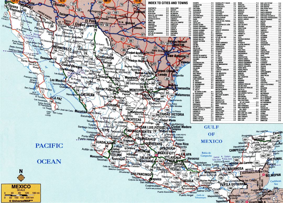 Large detailed roads and highways map of Mexico with administrative divisions and cities