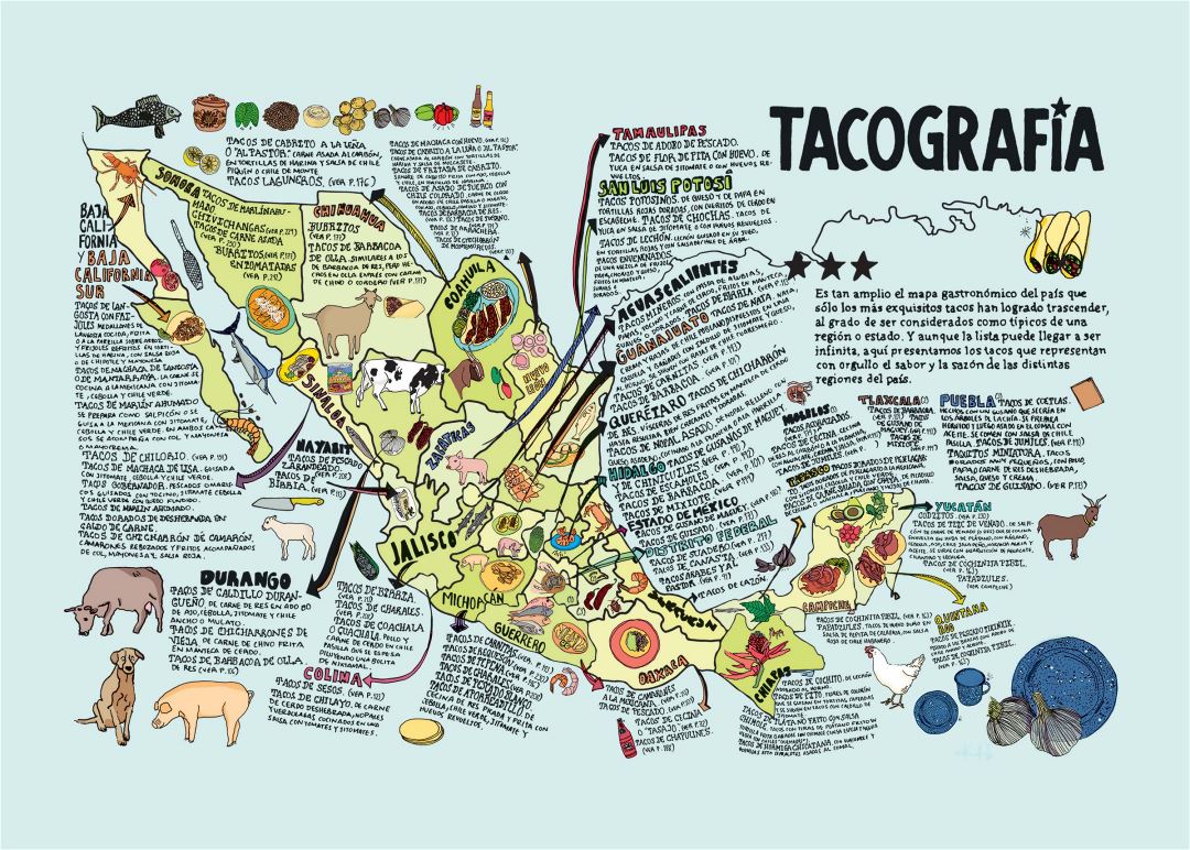Large detailed tacografia illustrated map of Mexico