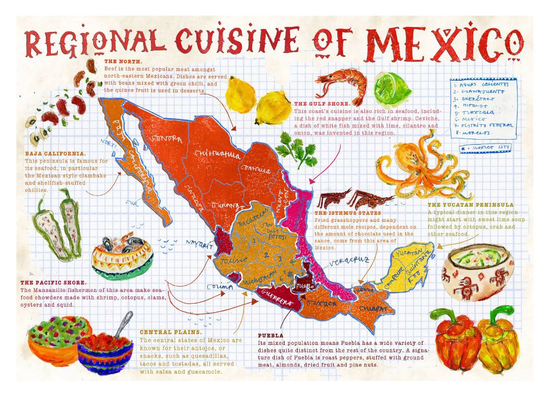 Large map of regional cuisine of Mexico