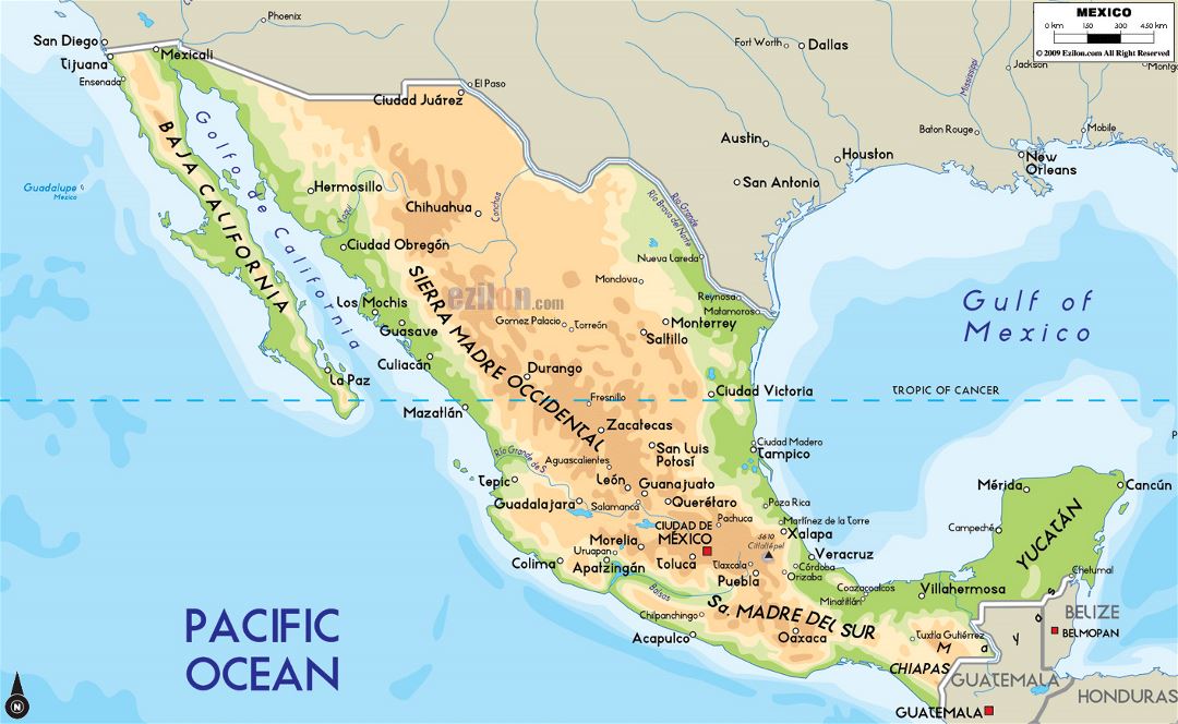 Large physical map of Mexico with major cities