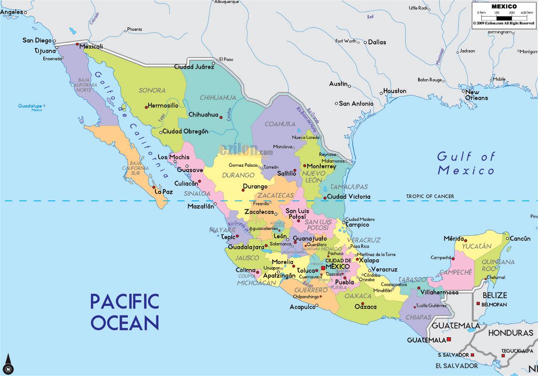 Large political and administrative map of Mexico with major cities