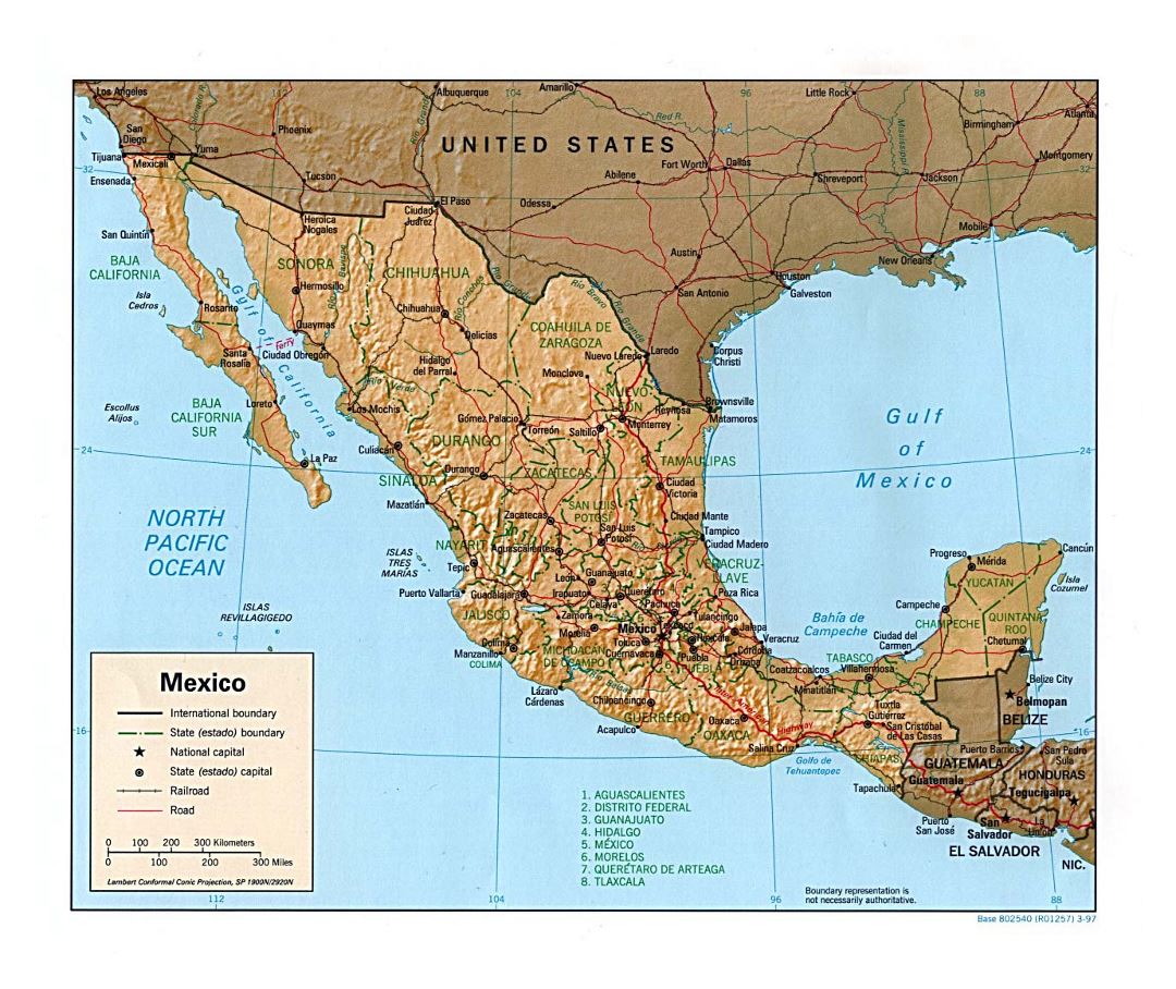 Large political and administrative map of Mexico with relief, roads, railroads and major cities - 1997