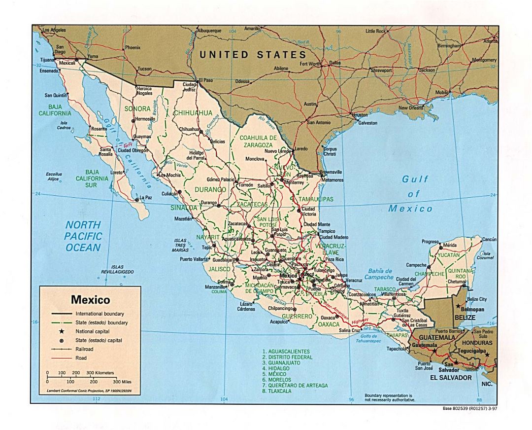 Large political and administrative map of Mexico with roads, railroads and major cities - 1997