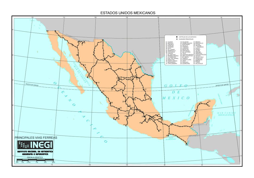 Large railroads map of Mexico