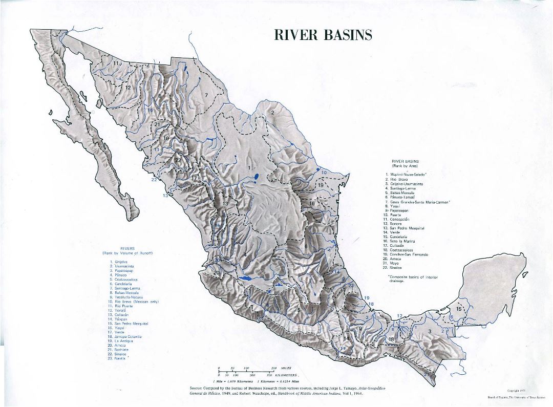 Large river basins map of Mexico - 1975