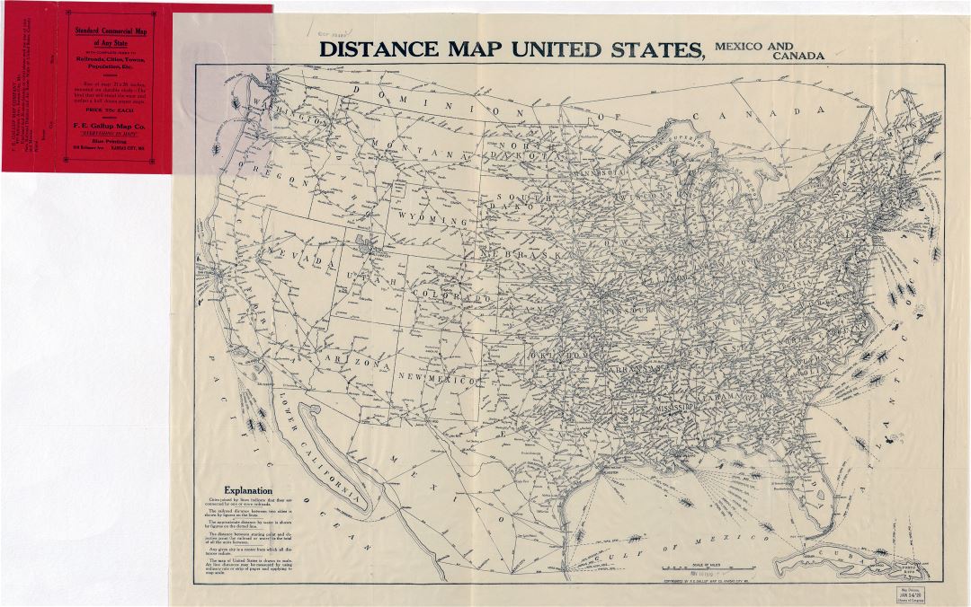 Large scale detailed old distance map of United States, Mexico and Canada - 1919