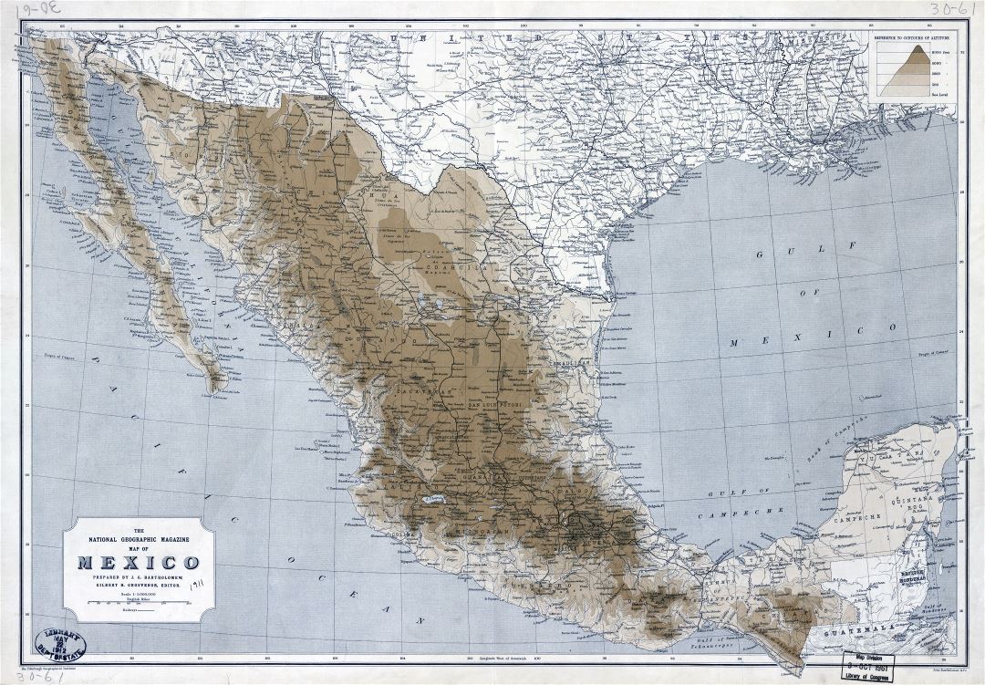 Large scale detailed old elevation map of Mexico with railways and cities - 1911