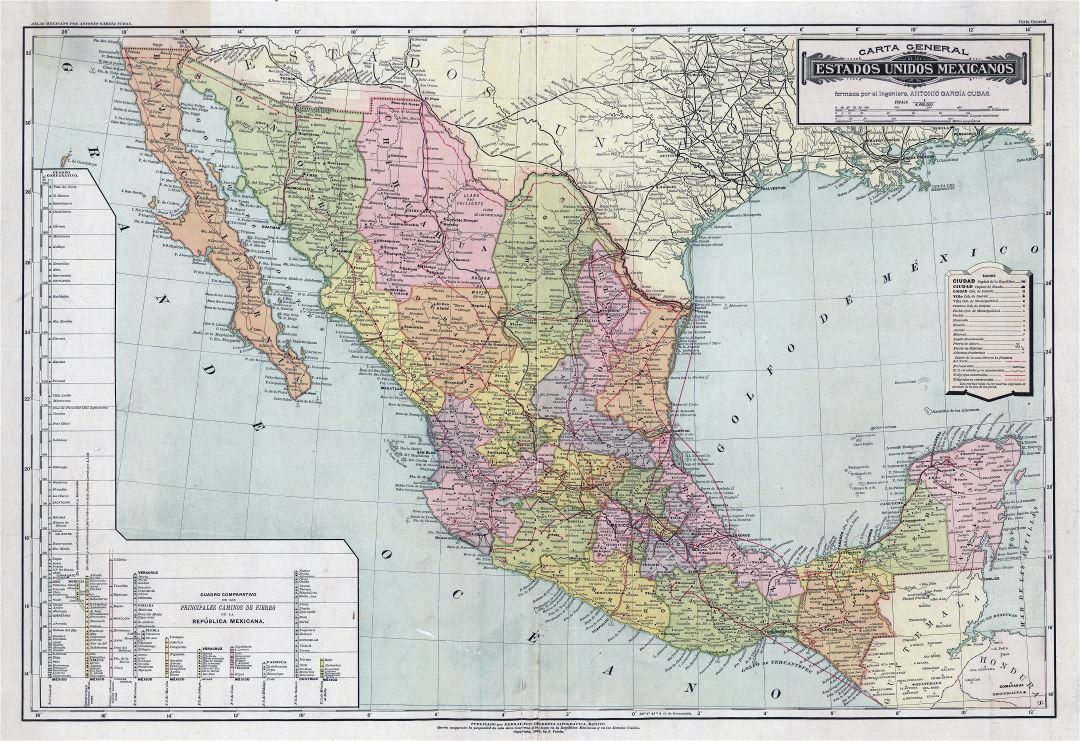 Large scale detailed old political and administrative map of Mexico with other marks - 1884