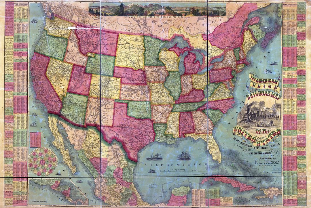 Large scale detailed the American Union Railroad old map of the United States, British Possessions, West Indies, Mexico and Central America - 1874