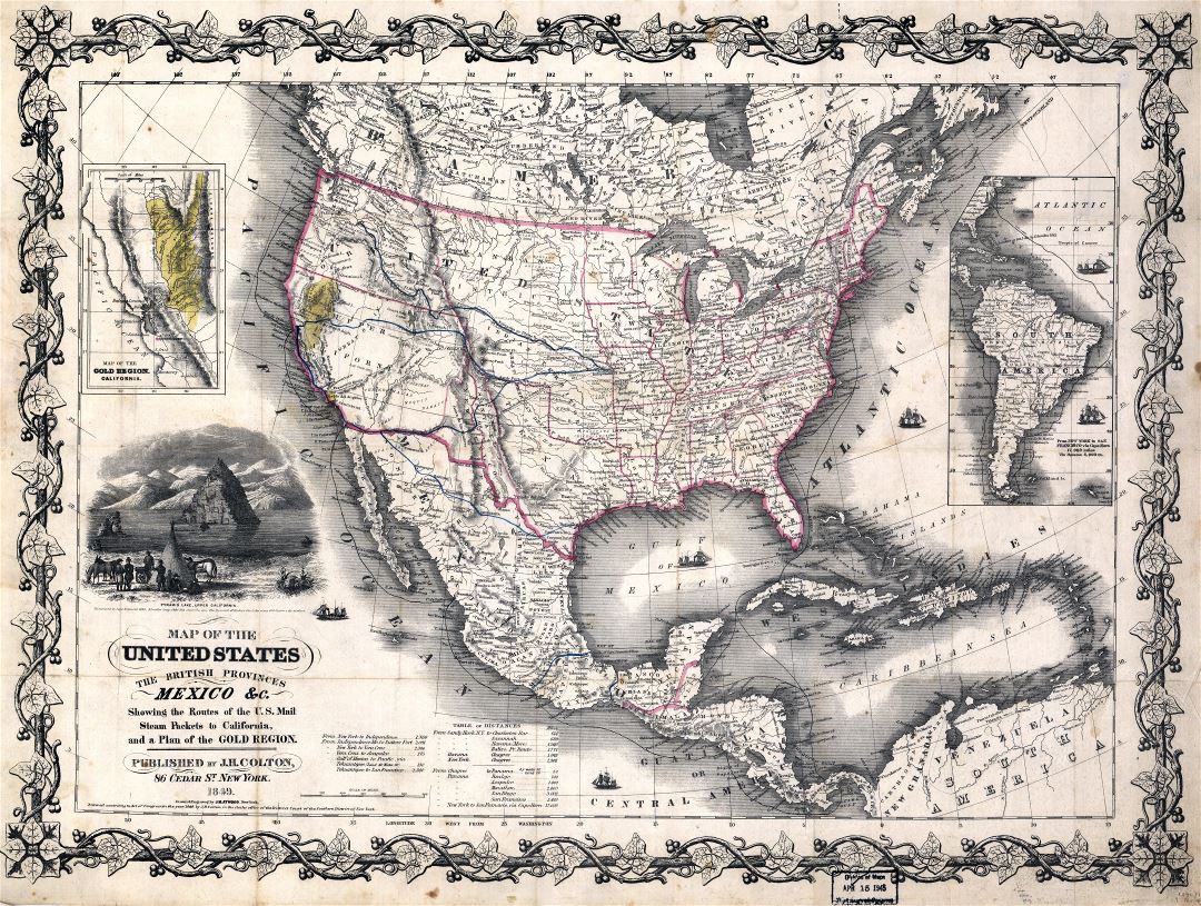 Large scale old map of the United States, the British Provinces and Mexico - 1849