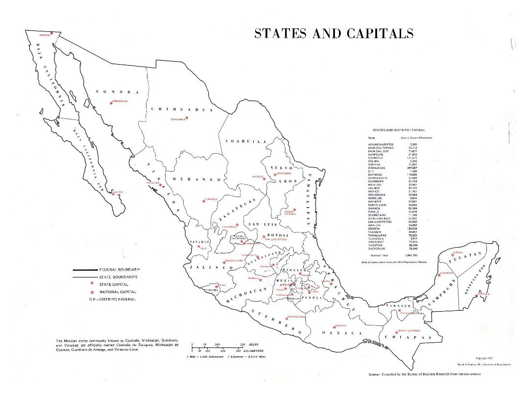 Large states and capitals map of Mexico - 1975