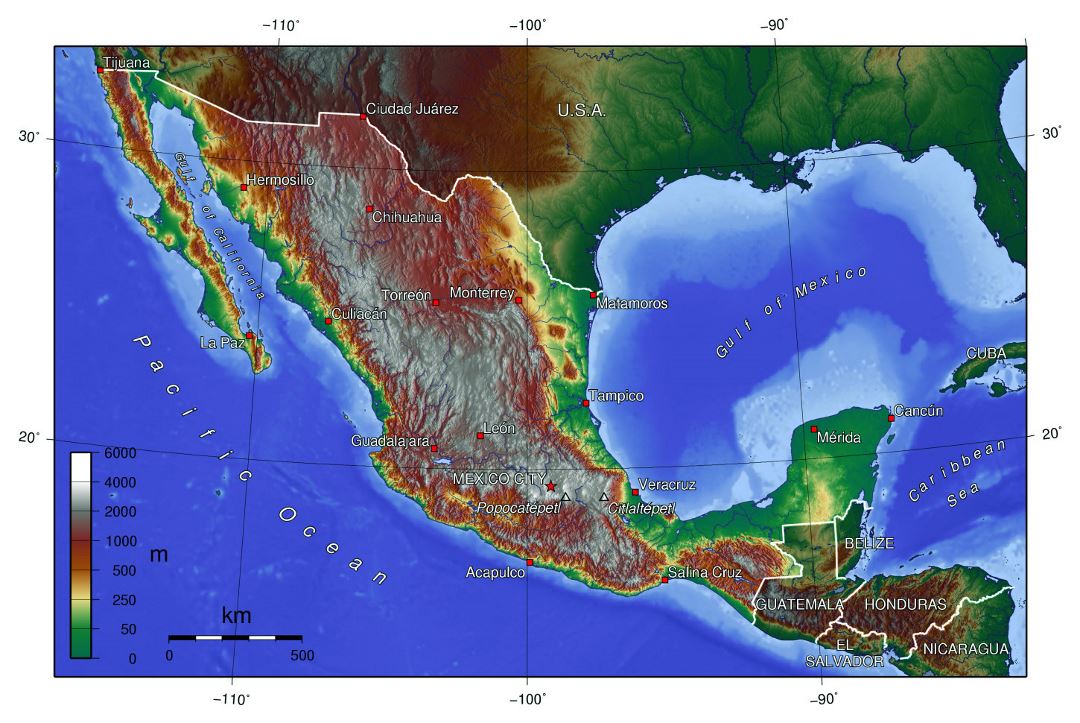 Large topographical map of Mexico with major cities