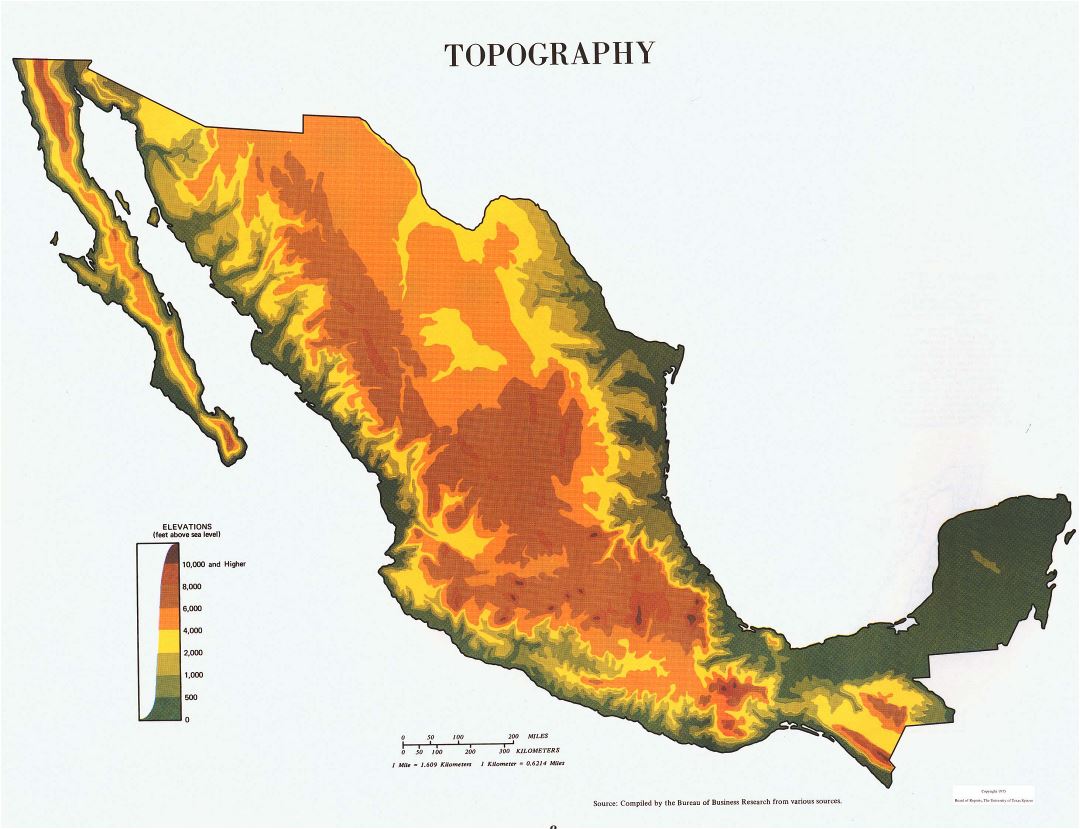 Large topography map of Mexico - 1975
