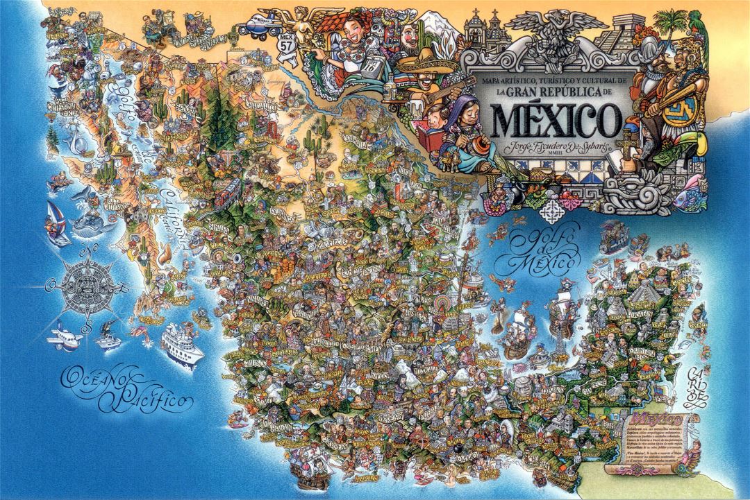 Large tourist illustrated map of Mexico