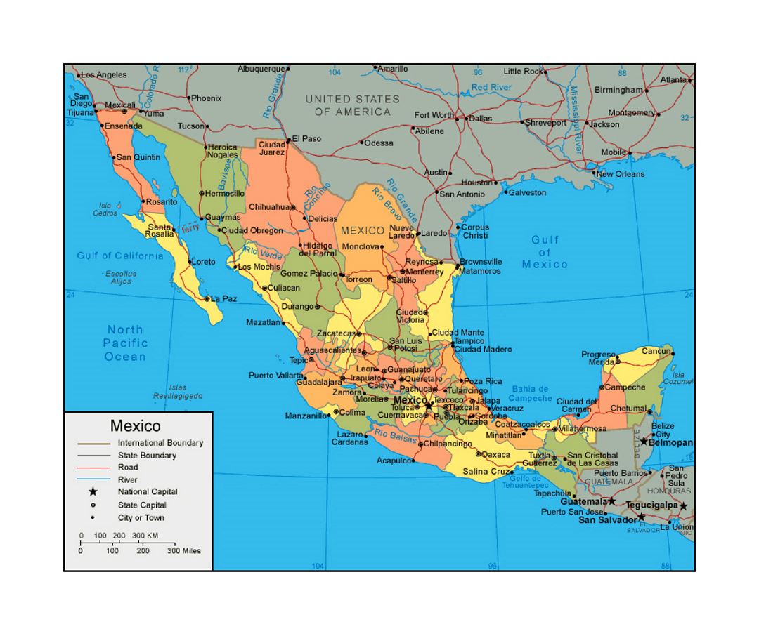Political and administrative map of Mexico with roads, railroads, rivers and cities
