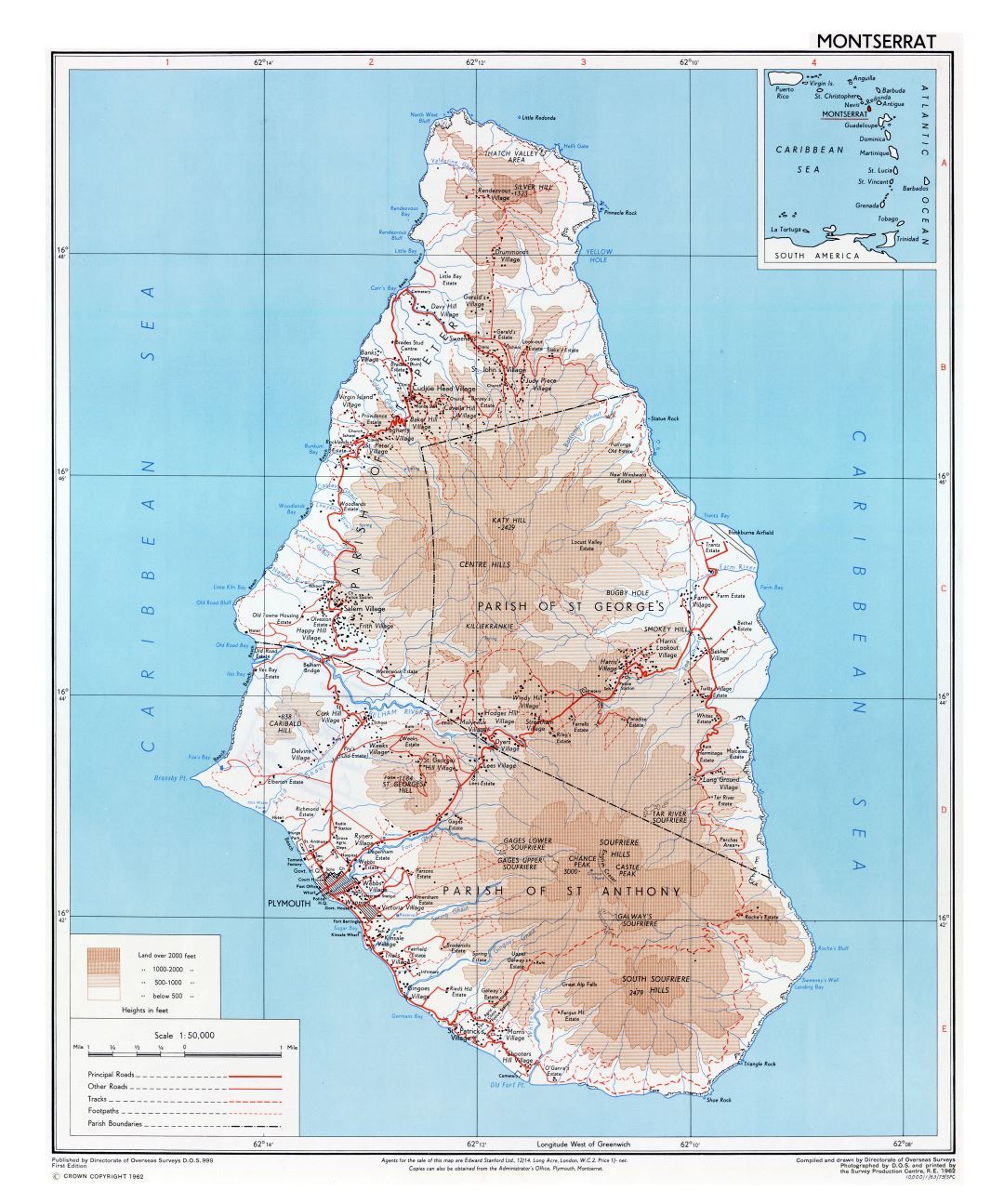 Large detailed elevation map of Montserrat island with roads, cities, villages and other marks - 1962