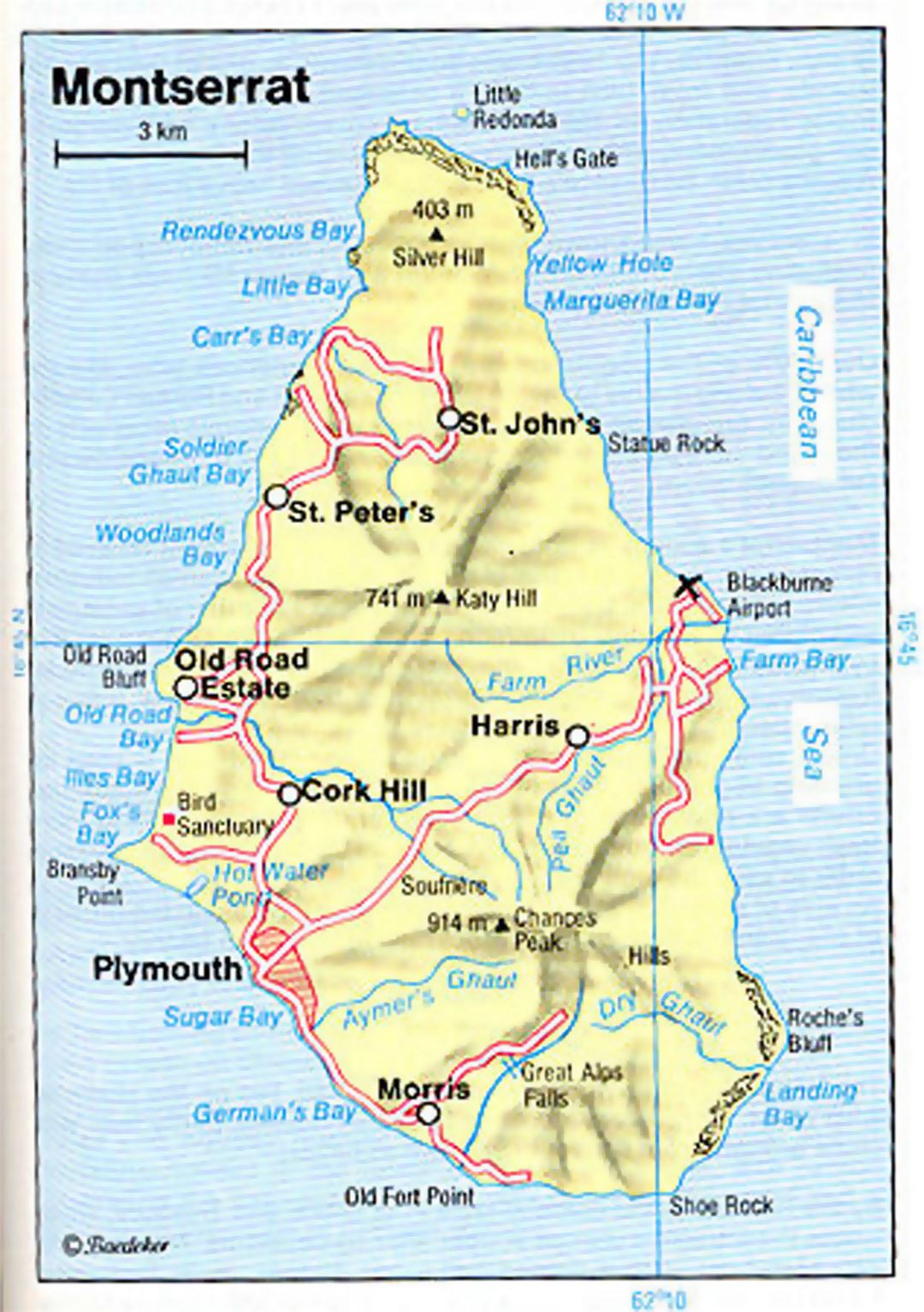 Road map of Montserrat island with relief