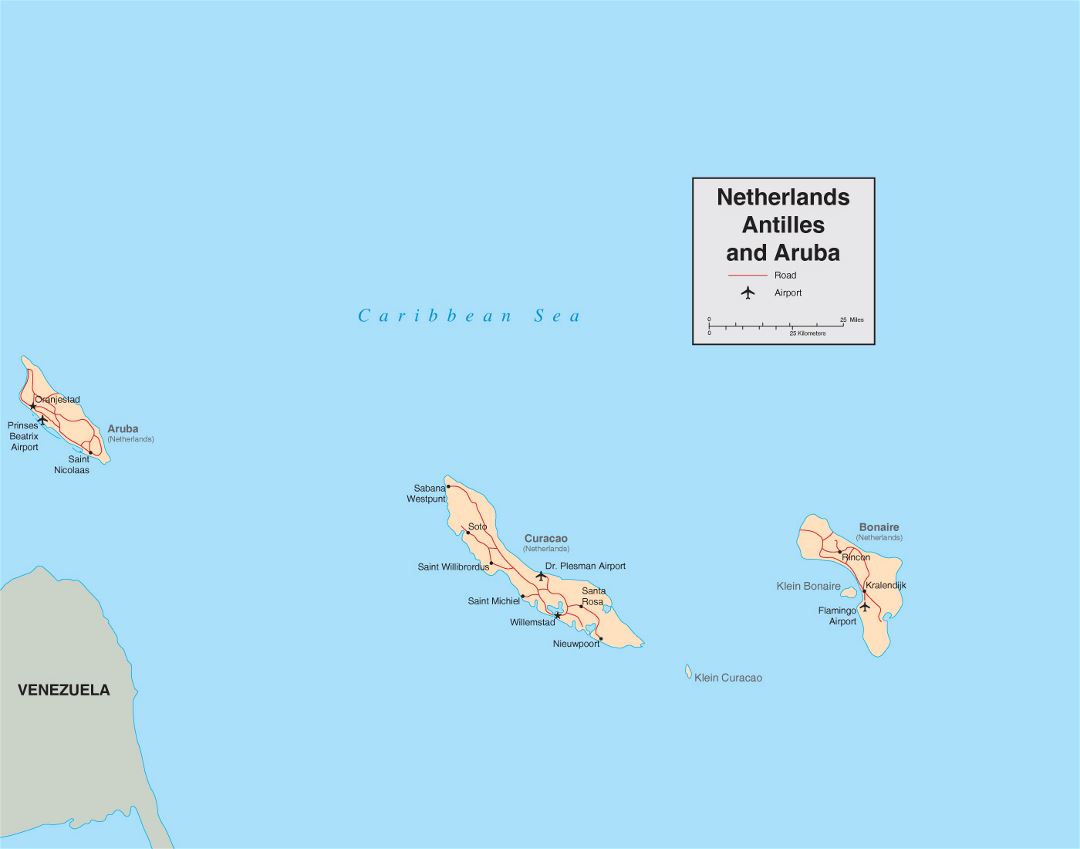 Detailed political map of Netherland Antilles and Aruba with roads, cities and airports