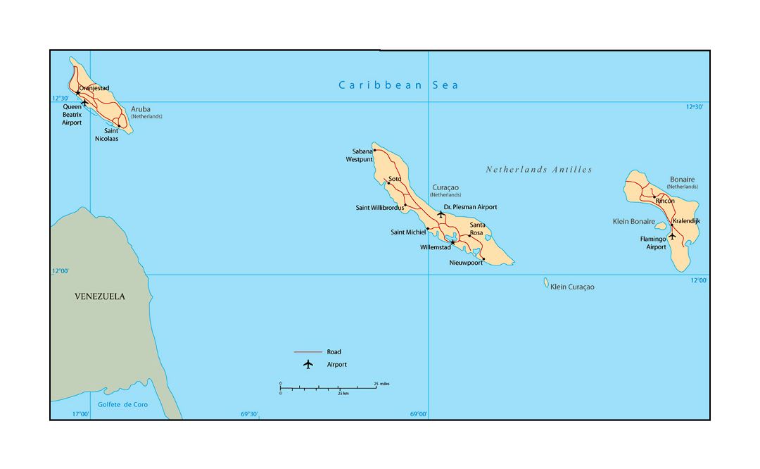 Large political map of Netherlands Antilles with roads, cities and airports
