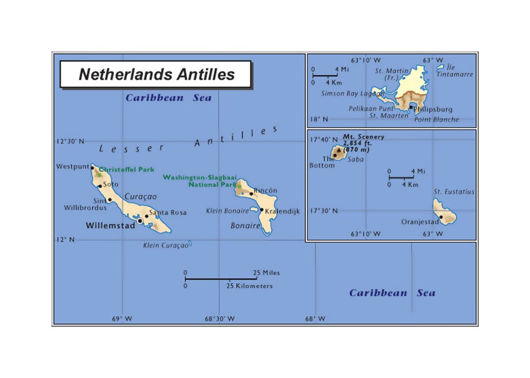 Political map of Netherland Antilles and Aruba with other marks