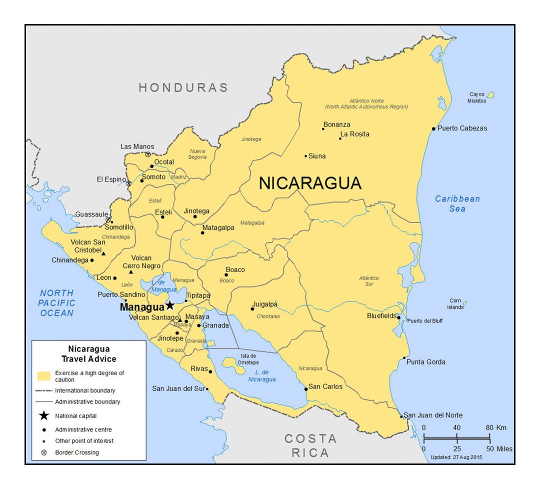 Detailed political and administrative divisions map of Nicaragua with major cities