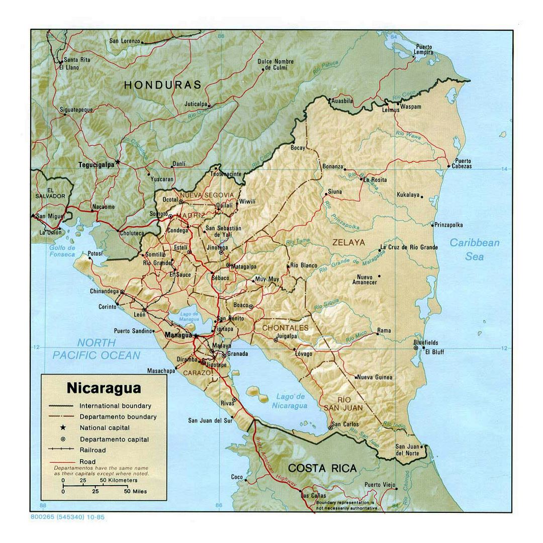 Detailed political and administrative map of Nicaragua with relief, roads, railroads and major cities - 1985