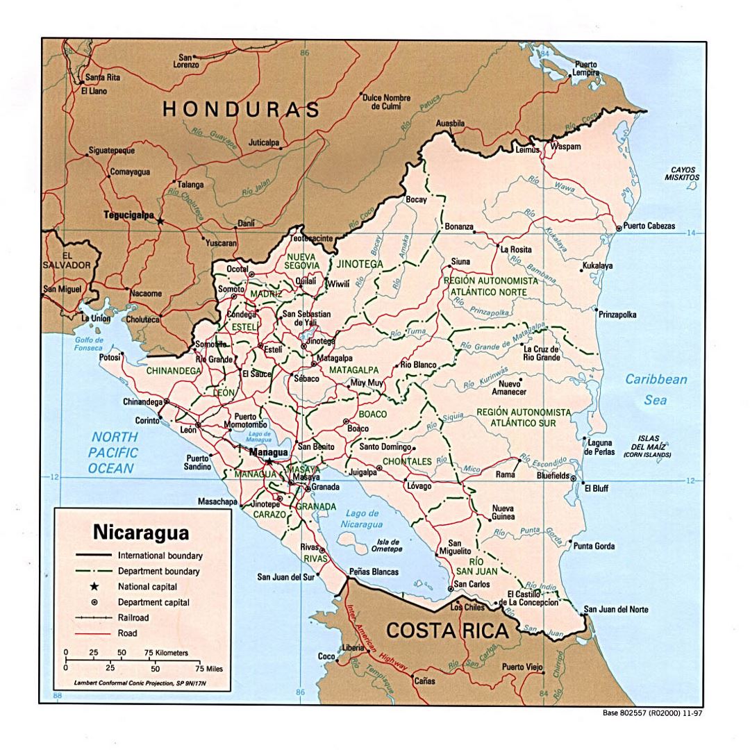Detailed political and administrative map of Nicaragua with roads, railroads and major cities - 1997