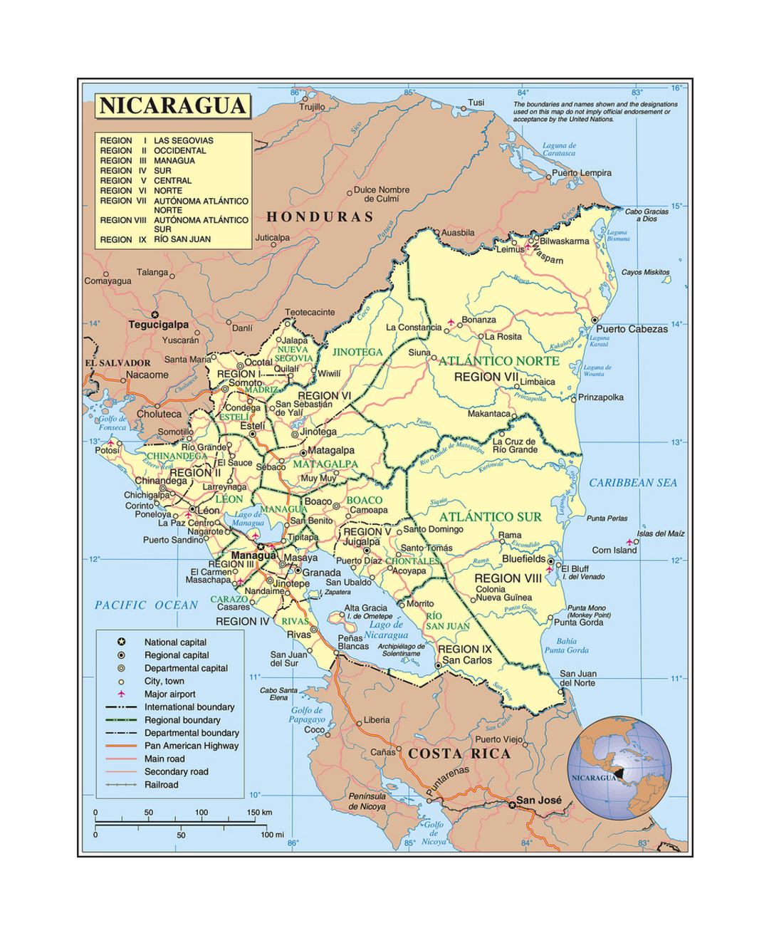 Detailed political and administrative map of Nicaragua with roads, railroads, cities and airports